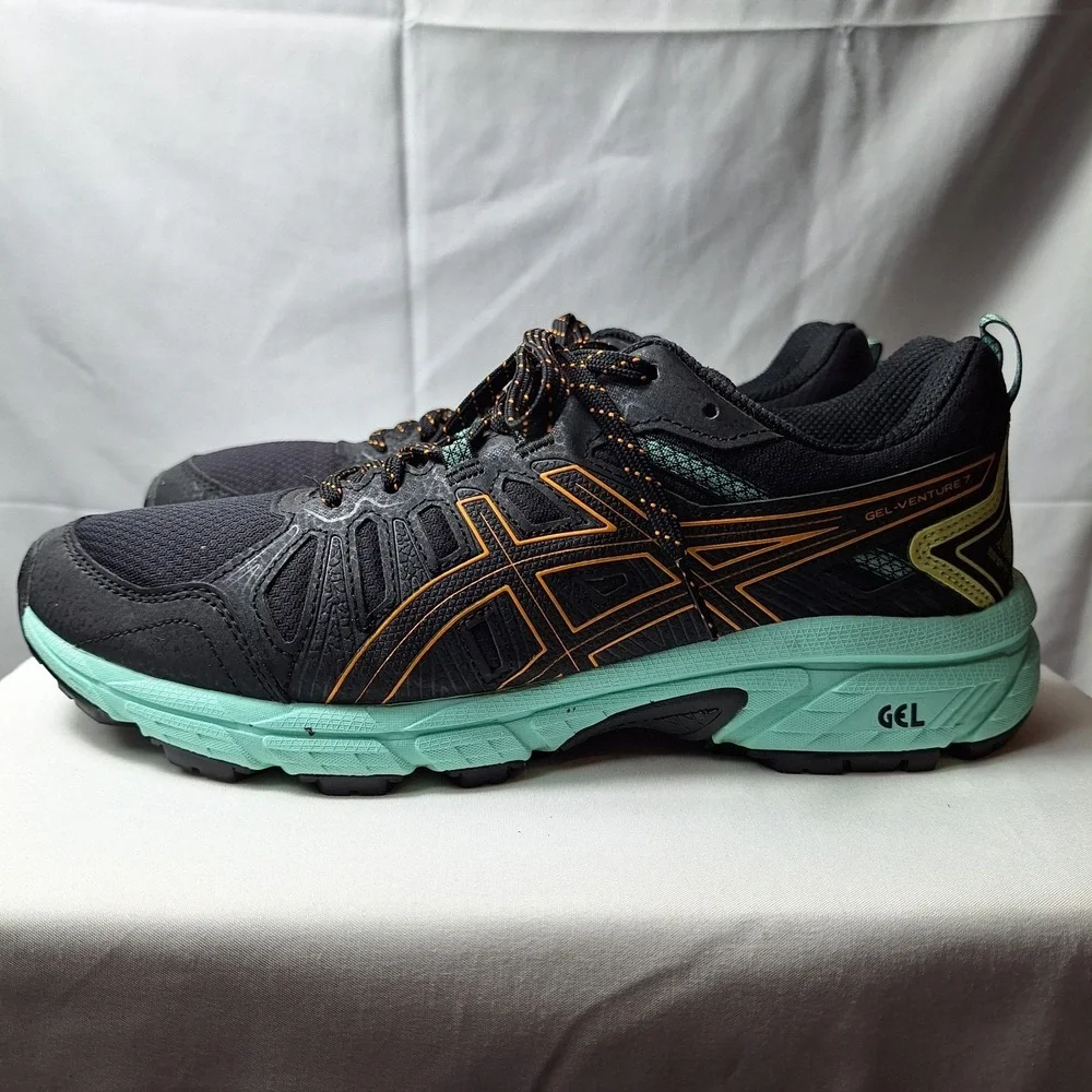 ASICS Gel-Venture 7 Trail Running Sneaker Women Sz 8.5 Black/Teal/Orange Pop GUC